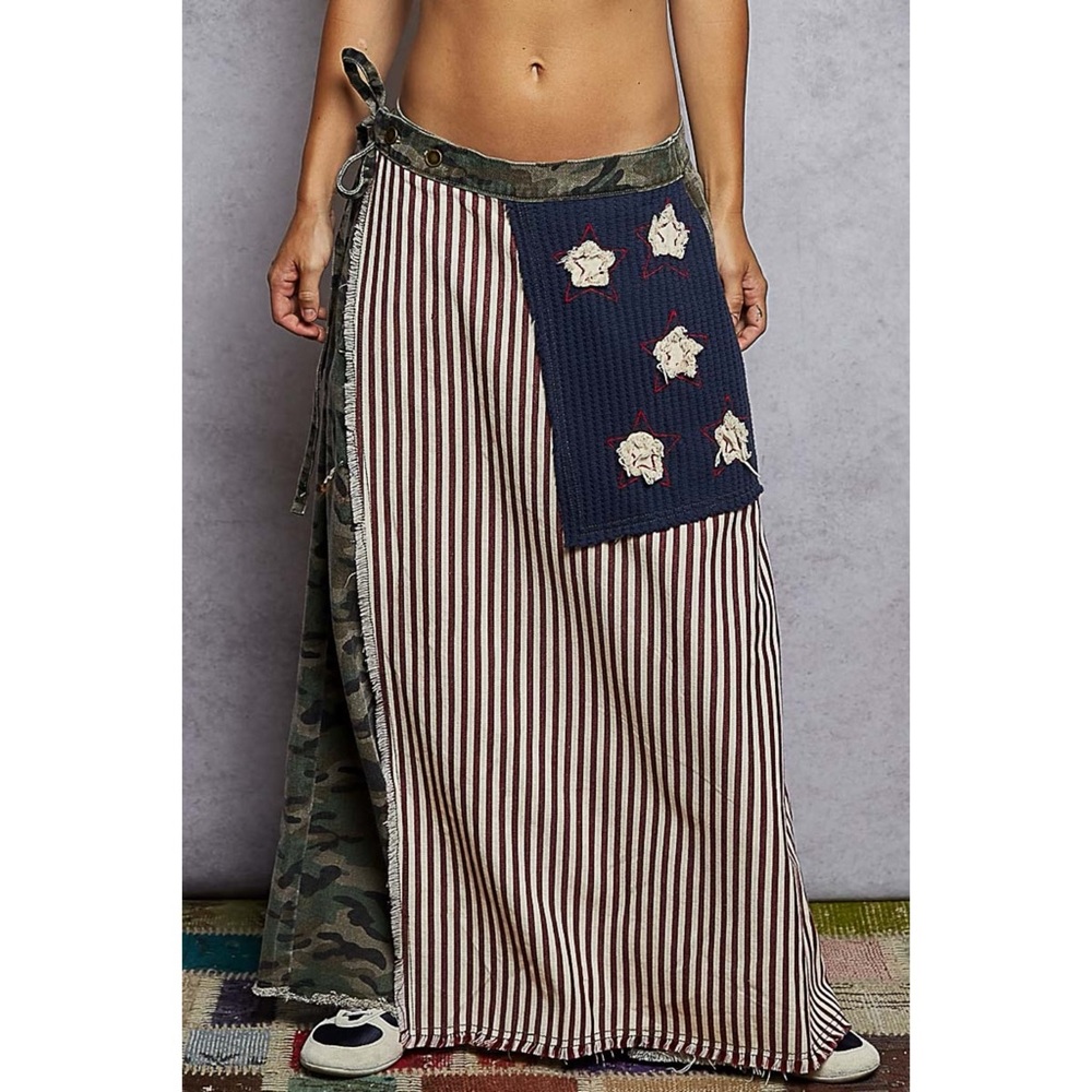 POL Camo Wide Leg Denim Wrap Pants Maxi Skirt Overlay